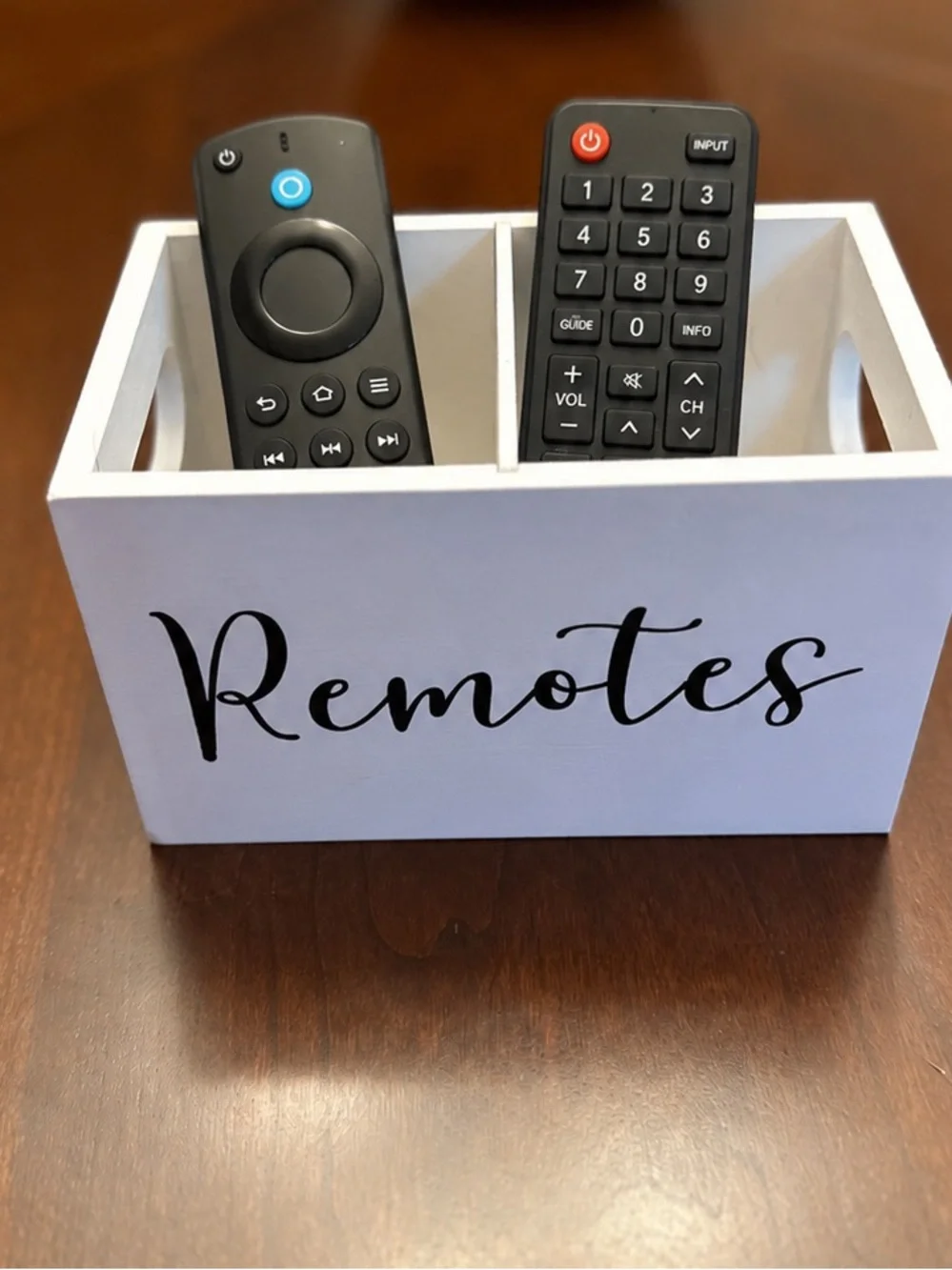 White Wooden “Remotes” Organizer Caddy | 2 Compartment Remote Holder - Picture 3 of 4
